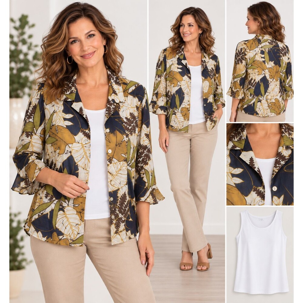 New Alfred Dunner Floral Button Front Blouse + Tank Size 16 Indochine Navy